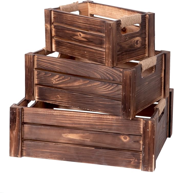 TIMRIS Set of 3 Rustic Wood Nesting Crates, Farmhouse Wooden Storage Container by TIMRIS