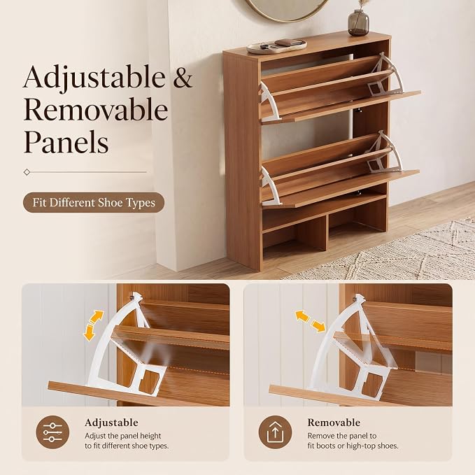 GRUSIGN Shoe Cabinet with 2 Flip Drawers, Narrow Shoe Cabinet Storage - Image 4