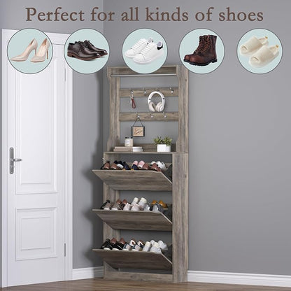 BORNOON Shoe Cabinet with 3 Flip Drawers & Coat Rack, Narrow Hidden Shoe - Image 4
