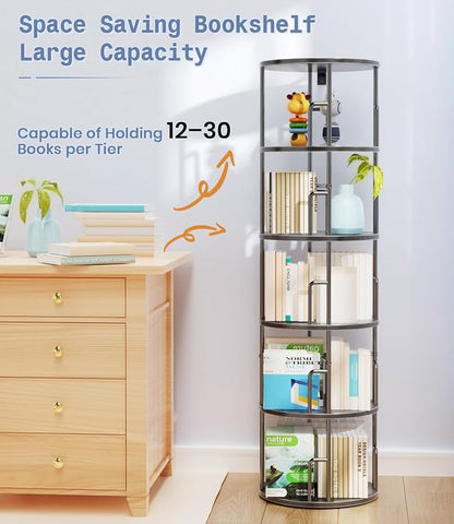 5 Tier Rotating Bookshelf Tower Round Black, 62”Tall Standing Spinning - Image 8