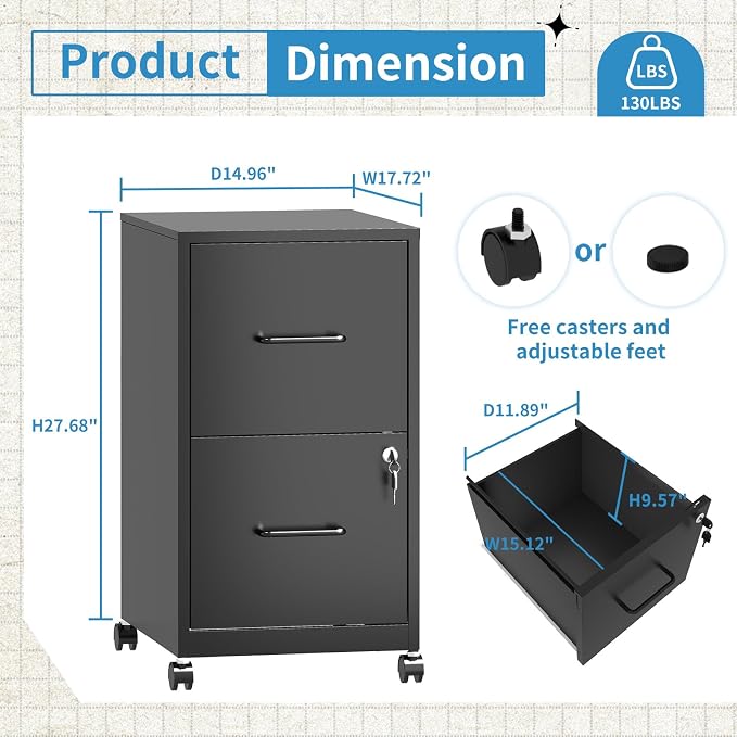 2 Drawer File Cabinet with Lock, Small Rolling Metal Office Storage Mobile - Image 3