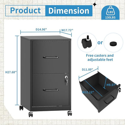 2 Drawer File Cabinet with Lock, Small Rolling Metal Office Storage Mobile - Image 3
