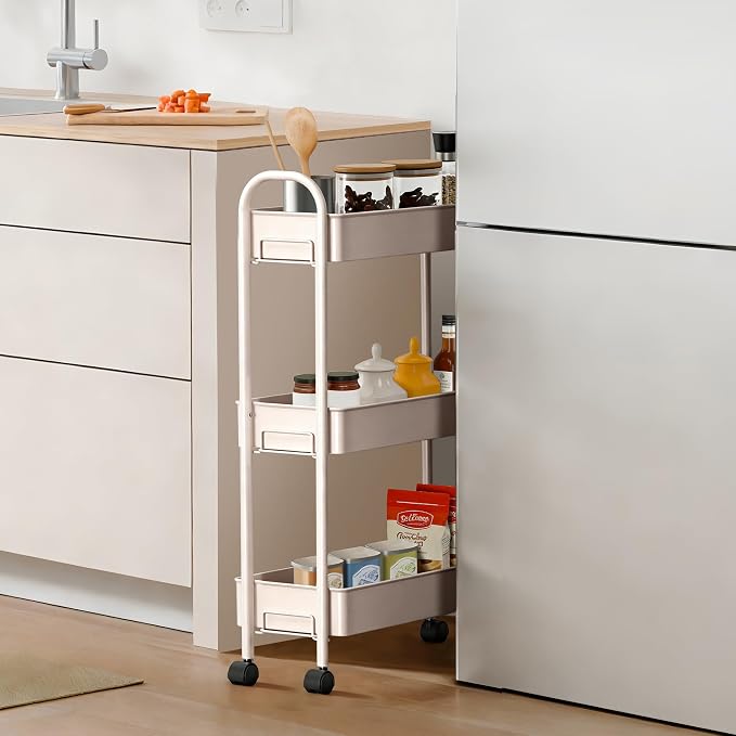 Slim Rolling Cart, Metal Frame Utility Rolling 3-Tier Narrow Storage Cart | - Image 3