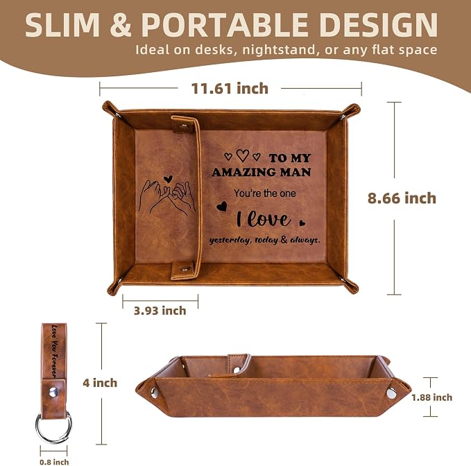 Gifts for Him, PU Leather Valet Tray and Keychain, Husband Birthday Gift Ideas - Image 6
