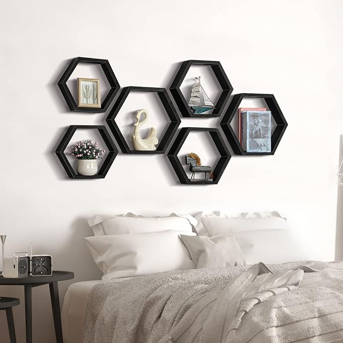 CADUKE Hexagonal Floating Shelves Set of 6, Wood Storage, Honeycomb Shelf - Image 5