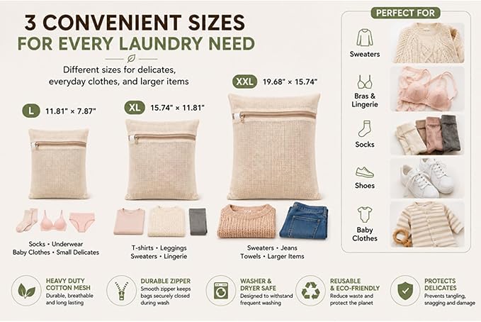 Cotton Mesh Laundry Bags, Clothes and Shoes, Natural Breathable Washer and - Image 2
