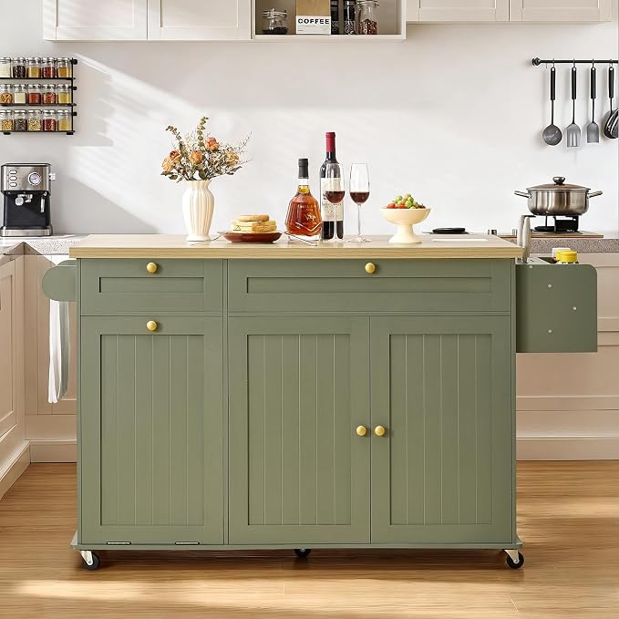 60.2" Kitchen Islands with Storage, Kitchen Island Cart with Trash Can Storage by LEFURTURE