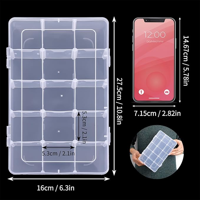 Bead Organizer Storage 2 Pack 15 Grid Clear Plastic Tackle Box Adjustable | - Image 2
