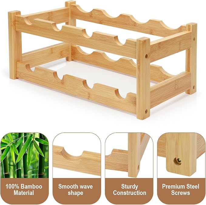 Bamboo Wine Rack, 2-Tier 8 Bottles Wine Storage Cabinet Shelf, Easy-Assembly - Image 6