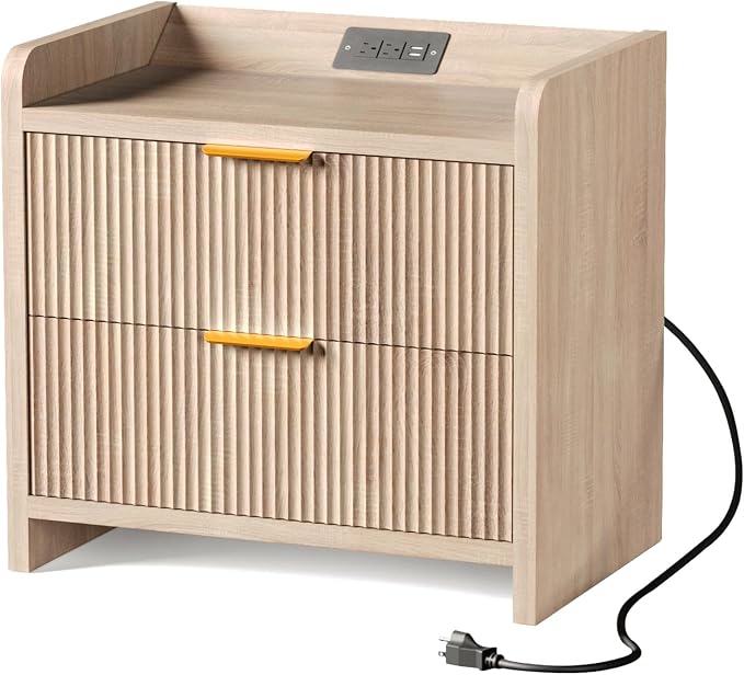 Fluted Nightstand with Charging Station, 23.6" Modern Night Stand with 2 Drawers by SEPTBOT