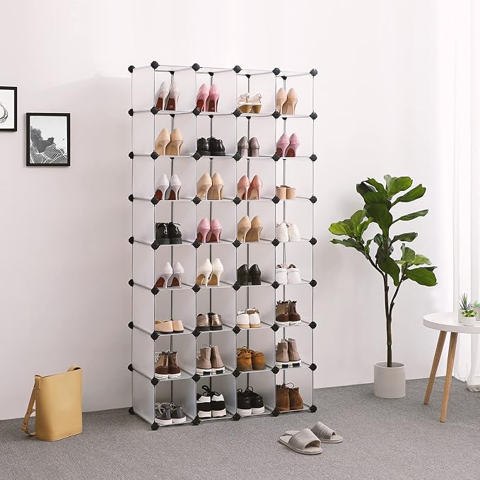 SONGMICS Shoe Rack with 32 Cubes, Interlocking Plastic Shoe Organizer, DIY - Image 4