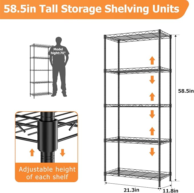 Storage Shelves, 21.3" W x 11.8" D x 58.5" H Kitchen Wire Shelving Unit Loads - Image 3
