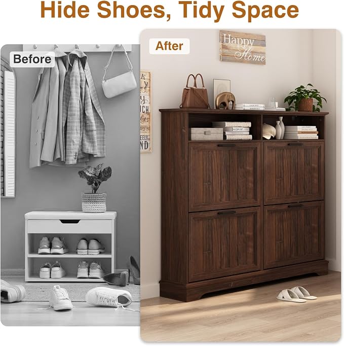 Shoe Storage Cabinet with 4 Flip Drawers, Farmhouse Modern Hidden Shoes Rack - Image 4
