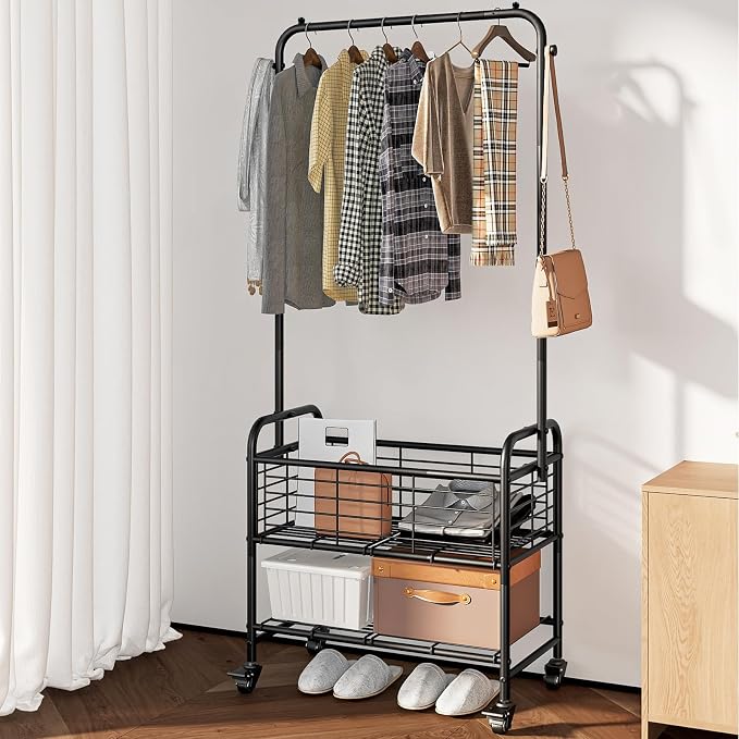 SUOERNUO Laundry Cart with Hanging Rack Rolling Laundry Hamper Sorter with - Image 2