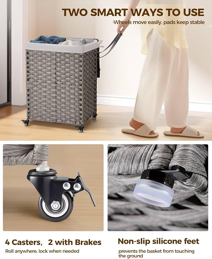 Greenstell Laundry Hamper with Wheels, No Install Needed, 90L Divided Handwoven - Image 3