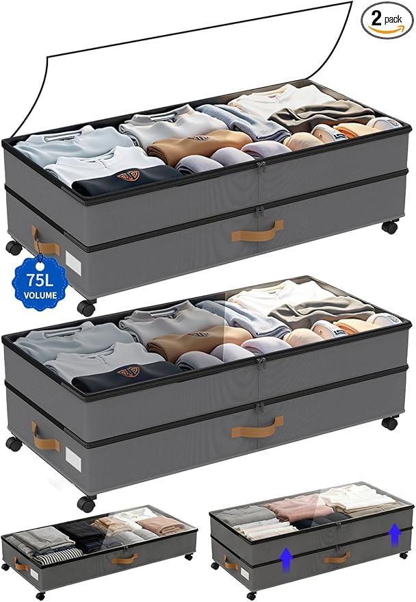 Under Bed Storage with Wheels 2-Pack, 75L XXL Under the Bed Storage Containers by Unknown