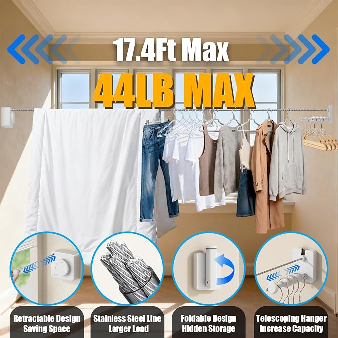 Retractable Clothesline Indoor & Outdoor, 17.4 Ft Non-Sagging Laundry Washing - Image 3