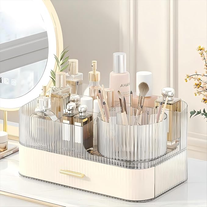 DASITON Makeup Organizer with Drawers and Rotating Makeup Brush Holder - Image 2