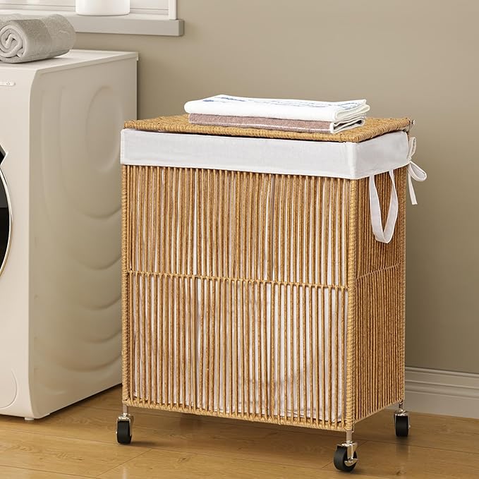 WOWLIVE Laundry Hamper with Wheels, Handwoven Rolling Laundry Basket with Lid - Image 3