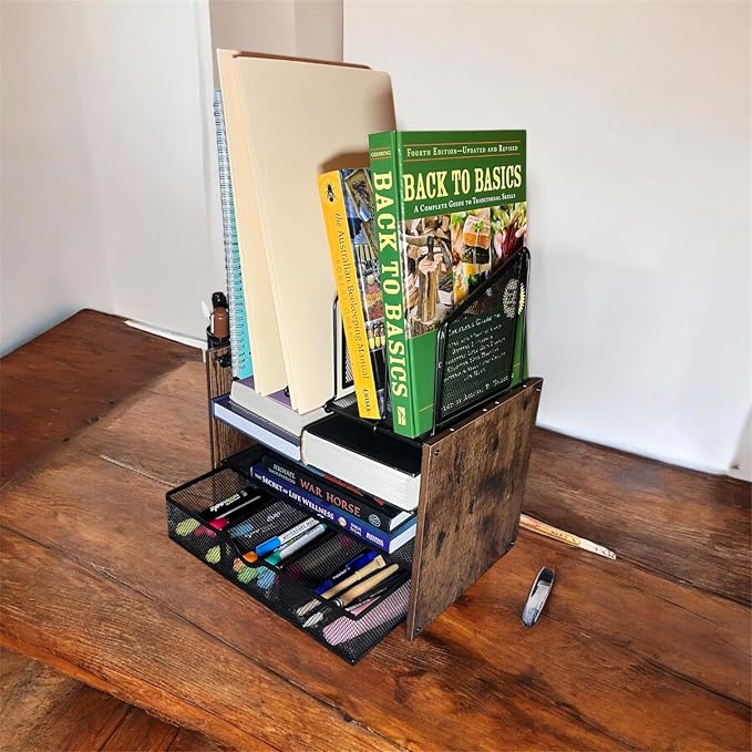4-Tier Wood & Metal Desk Organizer – Vertical File Tray, Pen Holder & Drawer | - Image 2