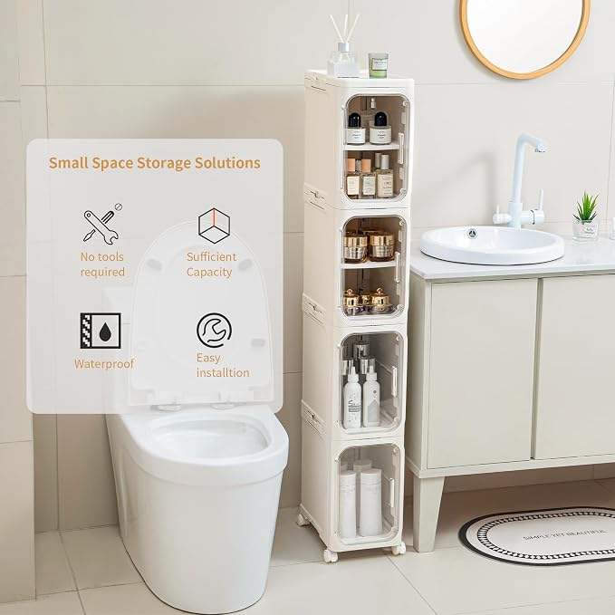 4-Tier Slim Tall Narrow Bathroom Storage Cabinet, Cream White - Image 3