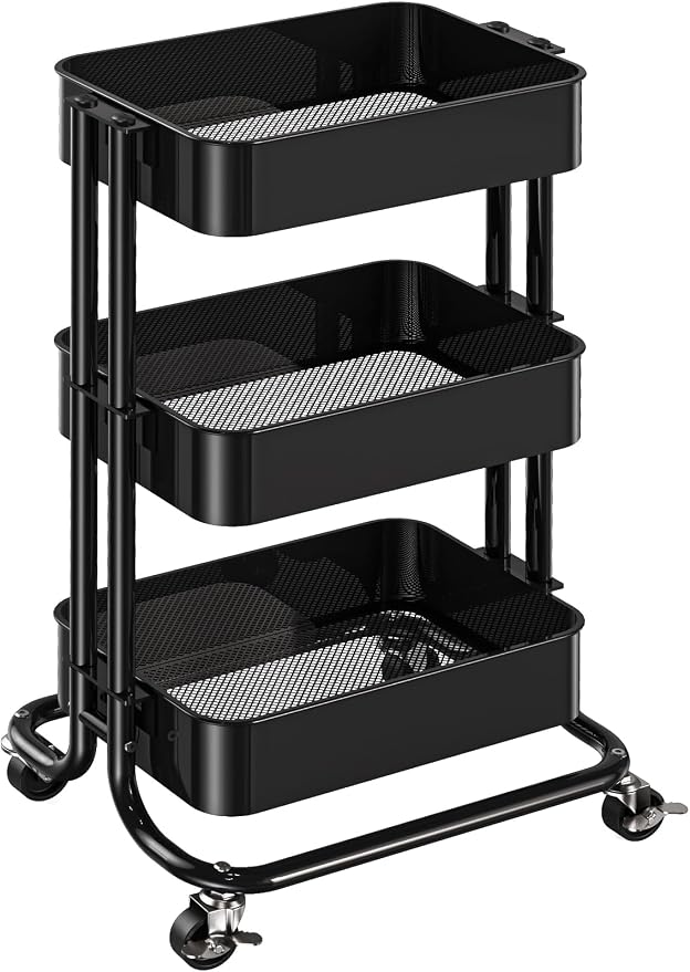 Pipishell 3 Tier Metal Rolling Utility Cart, Heavy-Duty Storage Rolling Cart by Pipishell