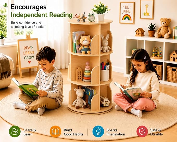 Kids Rotating Bookshelf, 360° Display 3 Tier Bookcase Storage | Small Corner - Image 5