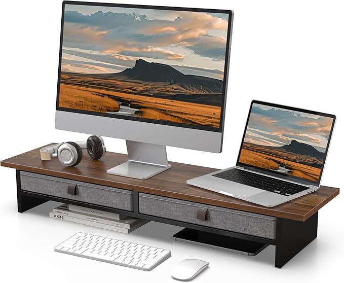 Fenge Monitor Stand with Drawer, 2 Tiers Dual Monitor Riser by Fenge