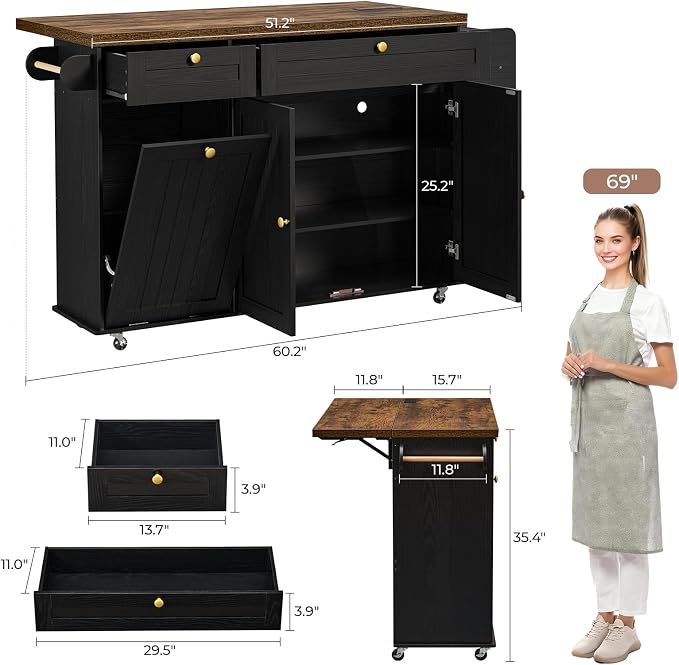 60.2" Kitchen Islands with Storage, Kitchen Island Cart with Trash Can Storage - Image 2