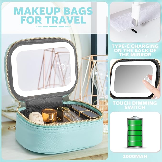 Small Makeup Bag with Led Mirror, Mini Travel Make up Bag 3 Light Modes - Image 3