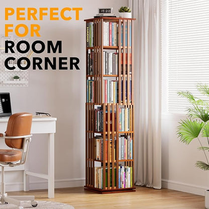 SpaceAid 6 Tier Rotating Bookshelf Tower, Bamboo Spinning Book Shelf, Revolving - Image 5