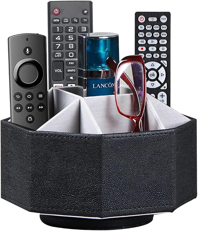 Leather Remote Control Holder, 360 Degree Spinning TV Remote Caddy, 9 Grids by Arniche