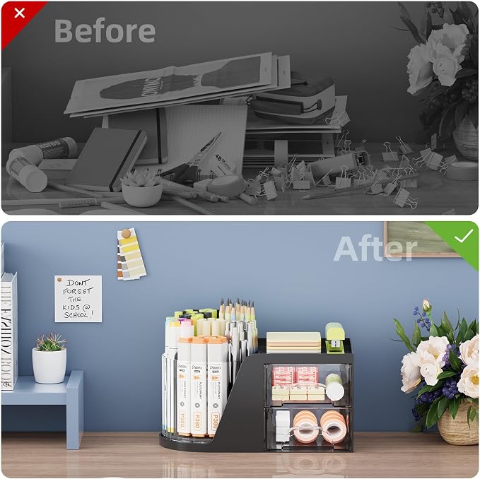 Marbrasse Desk Organizer with 2 Drawer, 360°Rotating Pen Holder, Desk - Image 7