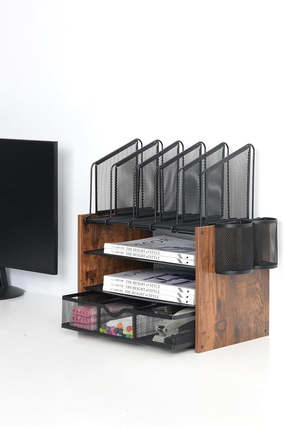 4-Tier Wood & Metal Desk Organizer – Vertical File Tray, Pen Holder & Drawer | - Image 10