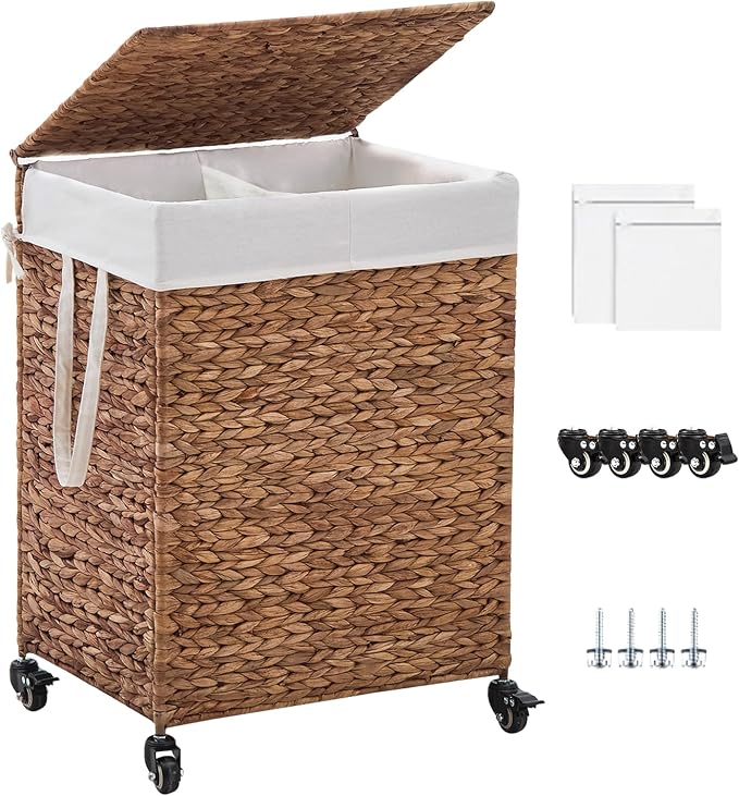 2-Section Laundry Hamper with Lid, Large Capacity Woven Natural Water Hyacinth by LGENHOOMHandwovenNaturalWaterHyacinthBasket