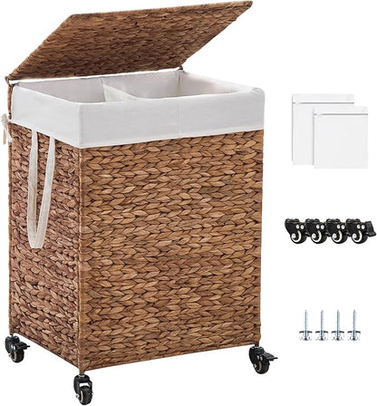2-Section Laundry Hamper with Lid, Large Capacity Woven Natural Water Hyacinth by LGENHOOMHandwovenNaturalWaterHyacinthBasket
