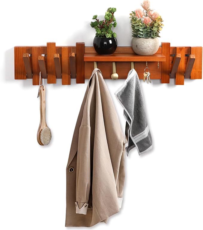 Zingoetrie Wooden Coat Rack Wall Mount Red Brown 11 Hooks Key Holder Umbrella by Zingoetrie