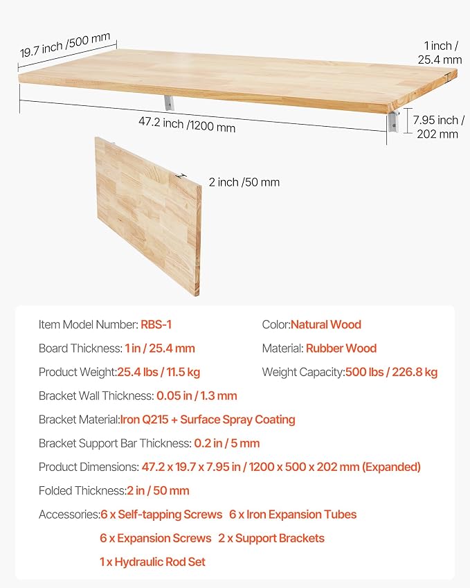 VEVOR Wall Mounted Folding Table, 47.2 x 19.7 inches Wall Mount Table, Floating - Image 2