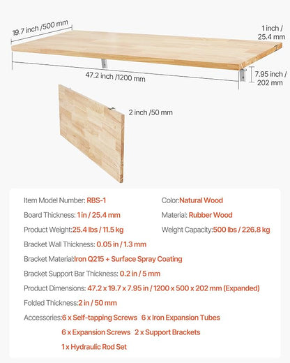 VEVOR Wall Mounted Folding Table, 47.2 x 19.7 inches Wall Mount Table, Floating - Image 2