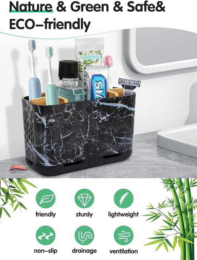 Marble Toothbrush Holders, 5 Slots Bamboo Toothbrush and Toothpaste Holder - Image 2