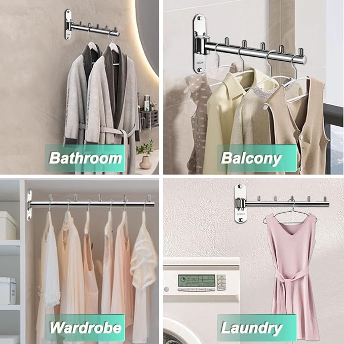 Clothes Hanger Laundry Room Hanging Rod Wall Mount Valet Hooks - Image 5
