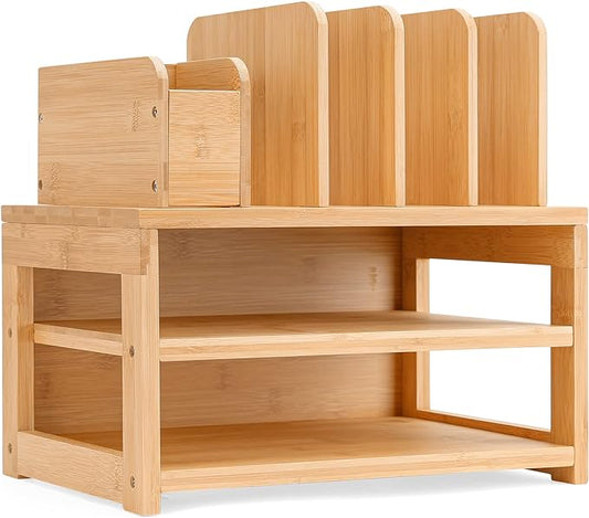 Homde Desk Organizer with File Holder: 3-Tier Bamboo Organization by Homde