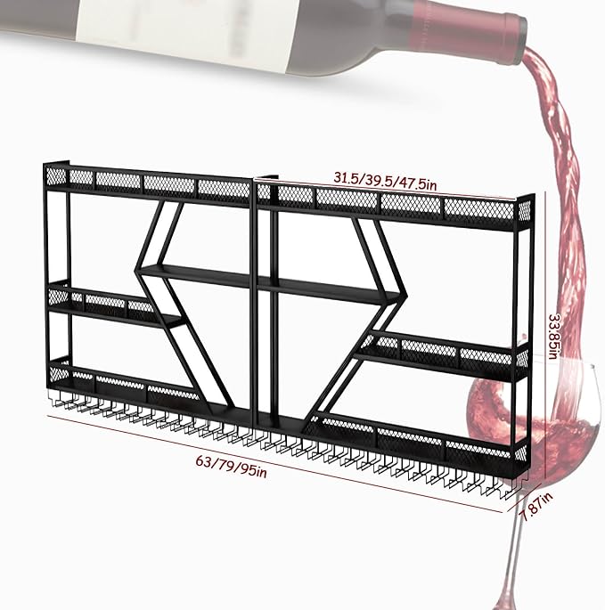 63in Wall Mounted Wine Rack, Large Metal Wine Bottle Holder, 3 Tier Modern - Image 2