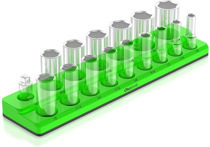 Olsa Tools Magnetic Socket Organizer | 1/2-inch Drive | SAE | Green | Holds 16 by OlsaTools