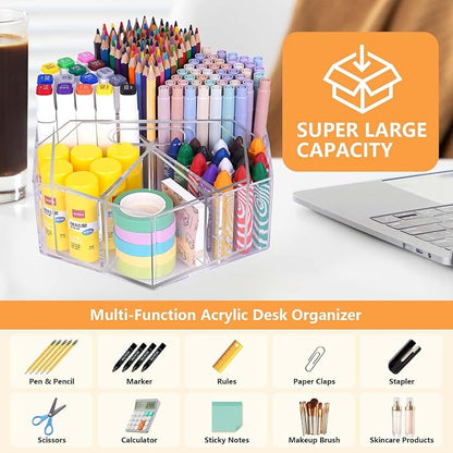 Pen Holder for Desk Acrylic, Large 6 Slots 360-Degree Rotating Marker Organizer - Image 5