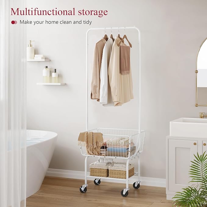 Tajsoon Laundry Cart with Hanging Rack, Metal Laundry Basket with Wheels - Image 7