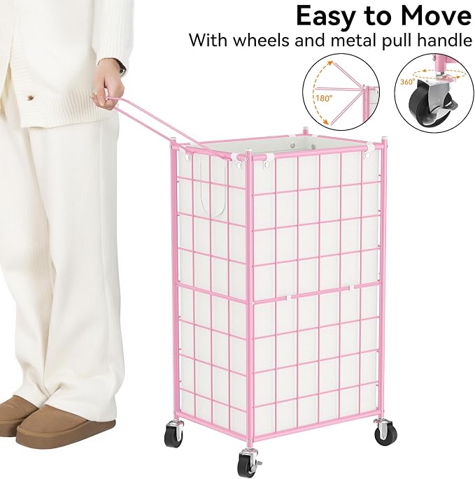 WOWLIVE Laundry Hamper with Wheels, Metal Wire Frame Rolling Laundry Basket - Image 5