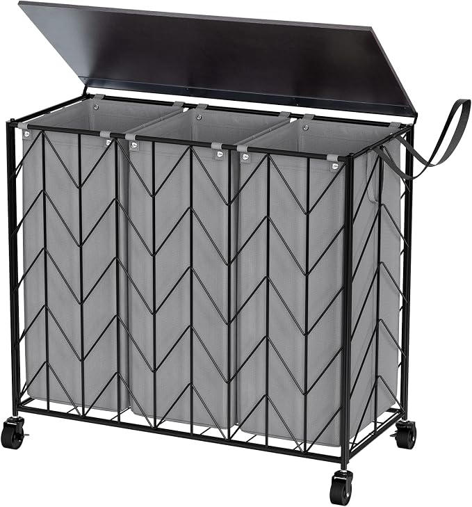 WOWLIVE Laundry Basket with Wheels, 142L Hamper 3 Section with Lid, Dirty by WOWLIVE