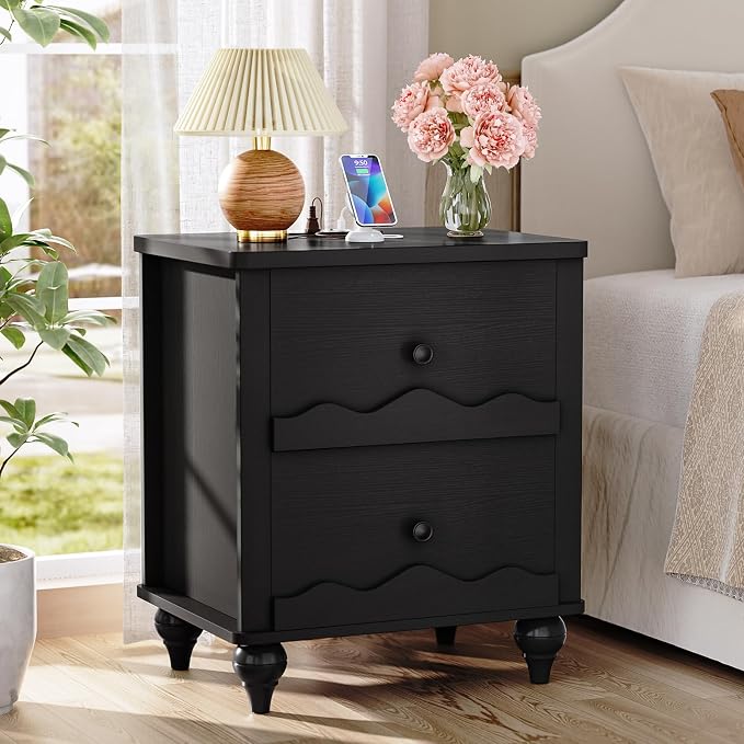 Cyclysio Nightstand with Charging Station, Side End Table with 2 Drawers by Cyclysio