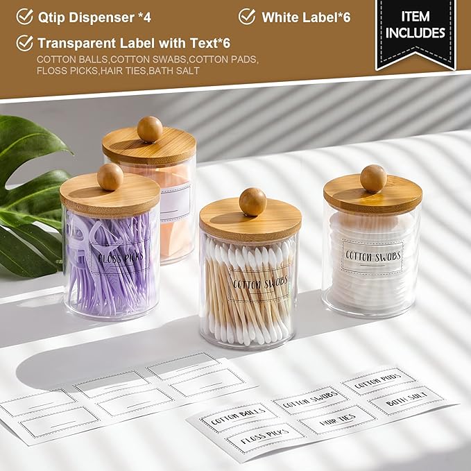 4 Pack Qtip Holder Dispenser - 10 oz Clear Plastic Apothecary Jar Containers - Image 3